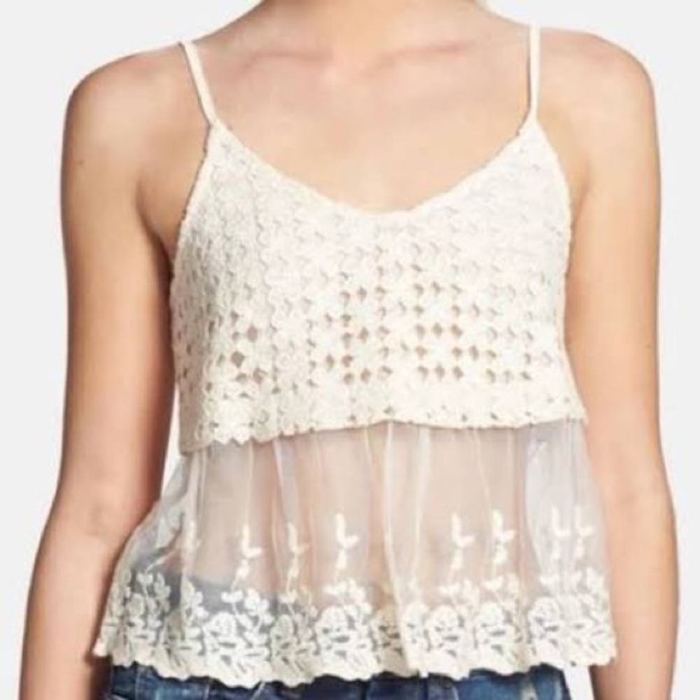 Astr Tops | Astr Boho Lace Cropped Tank Cream Small | Color: Cream